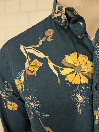 Anerkjendt overhemd. Donker Blauw met Roze Geel Bruine Bloemen print. Maat M.
