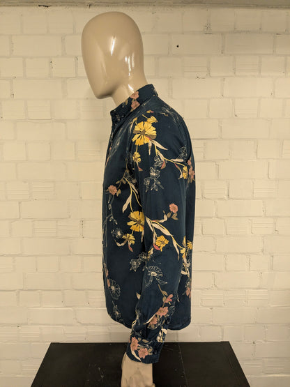 Anerkjendt overhemd. Donker Blauw met Roze Geel Bruine Bloemen print. Maat M.