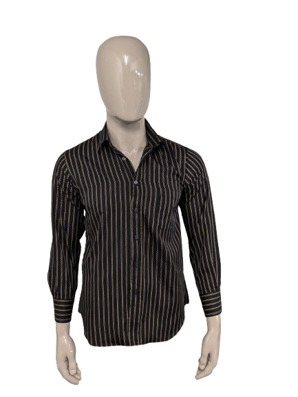 Vintage 70's Mirto overhemd. Zwart Goudkleurige print. Maat M.