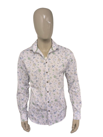 Upper East overhemd. Wit Beige Blauw Groene Bloemen print. Maat L. slim fit.