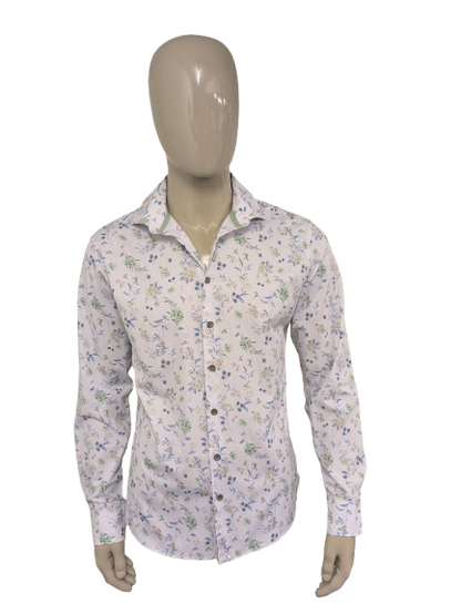 Upper East overhemd. Wit Beige Blauw Groene Bloemen print. Maat L. slim fit.