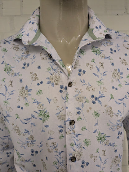 Upper East overhemd. Wit Beige Blauw Groene Bloemen print. Maat L. slim fit.