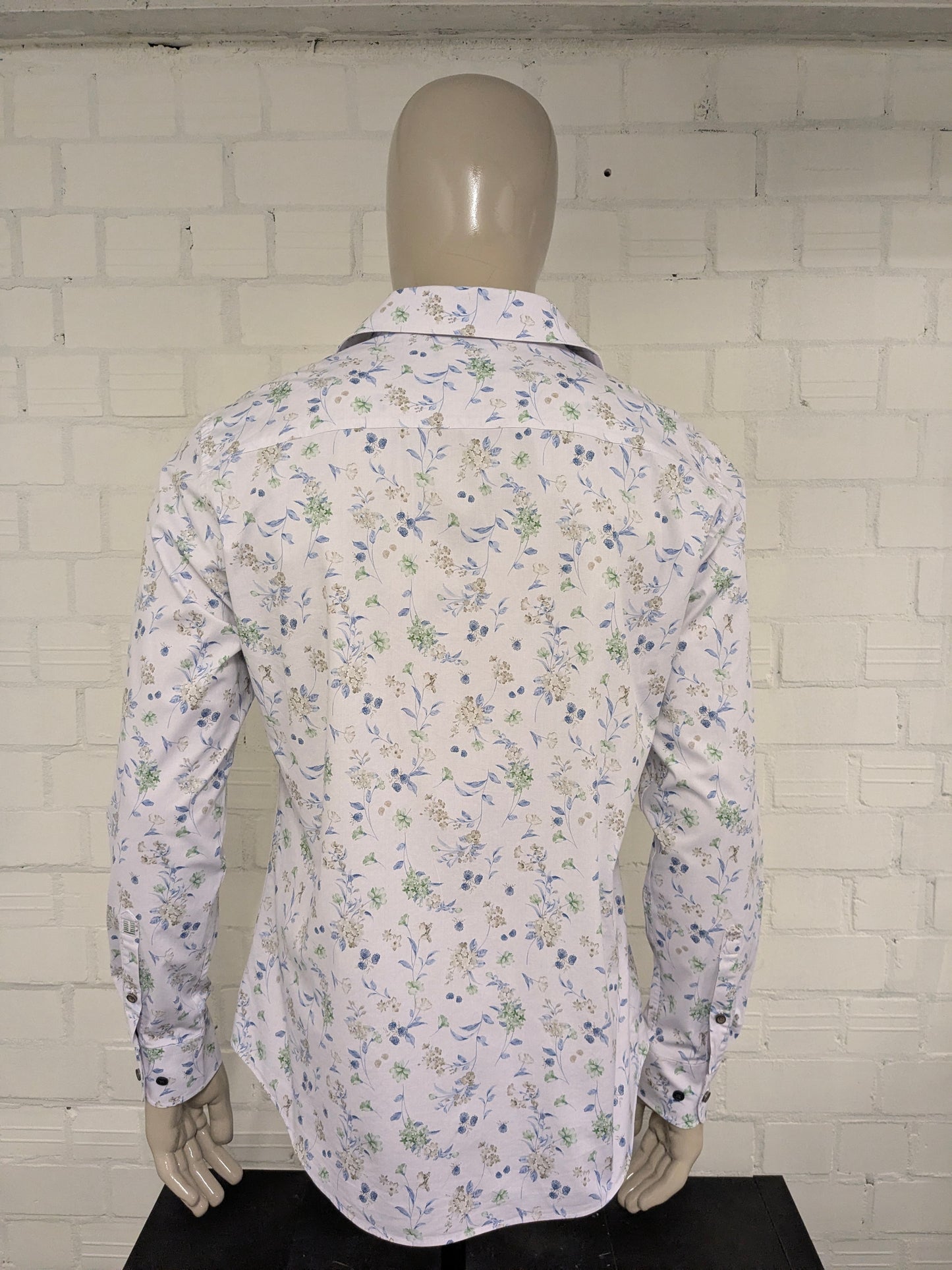 Upper East overhemd. Wit Beige Blauw Groene Bloemen print. Maat L. slim fit.