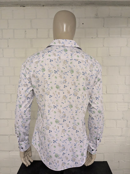 Upper East overhemd. Wit Beige Blauw Groene Bloemen print. Maat L. slim fit.