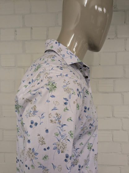 Upper East overhemd. Wit Beige Blauw Groene Bloemen print. Maat L. slim fit.