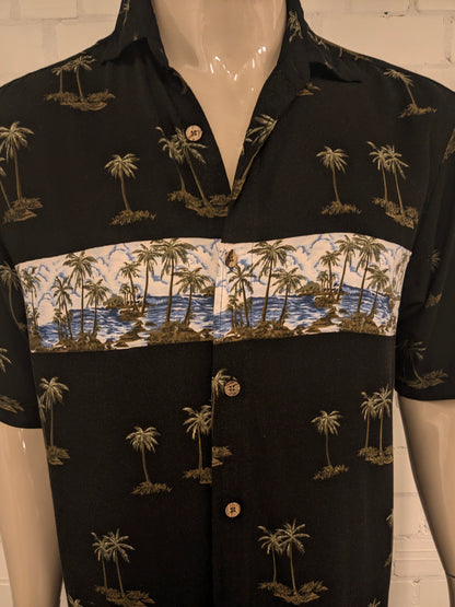 Knightsbridge Hawaii overhemd korte mouw. Zwart Groen Blauwe palmboom print. Maat L.