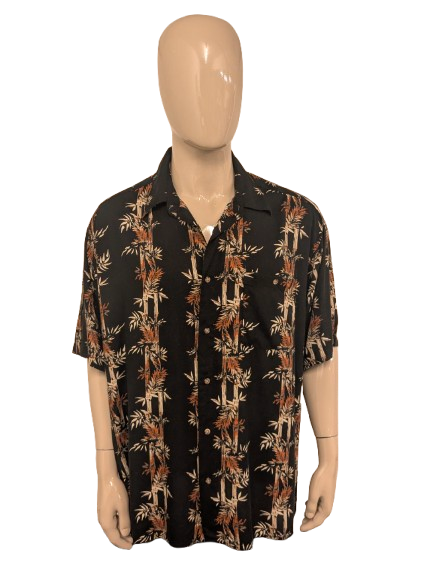 Vintage Puritan overhemd korte mouw. Zwart Bruin Oranje print. Maat 4XL / XXXXL.