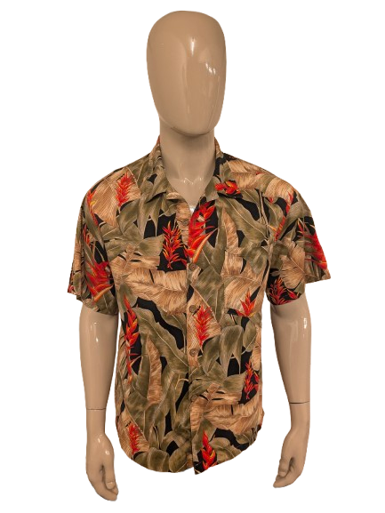 Toucan Dance Hawaii overhemd korte mouw. Groen Rood gele print. Maat L.