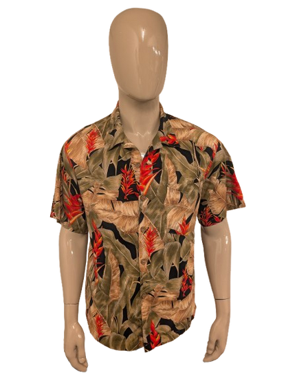Toucan Dance Hawaii overhemd korte mouw. Groen Rood gele print. Maat L.