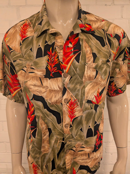 Toucan Dance Hawaii overhemd korte mouw. Groen Rood gele print. Maat L.