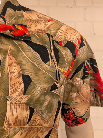 Toucan Dance Hawaii overhemd korte mouw. Groen Rood gele print. Maat L.