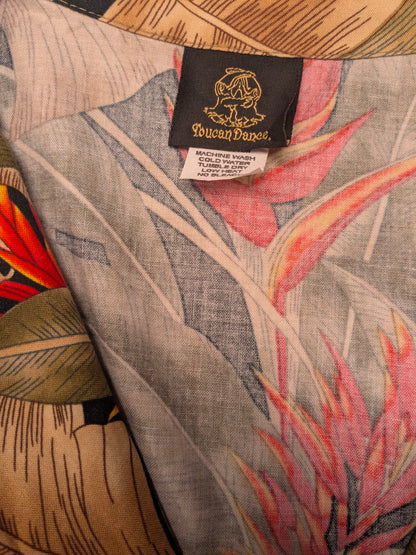 Toucan Dance Hawaii overhemd korte mouw. Groen Rood gele print. Maat L.