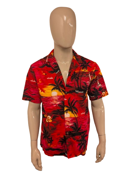 Royal Hawaii overhemd korte mouw. Rood Oranje Zwarte print. Maat L.