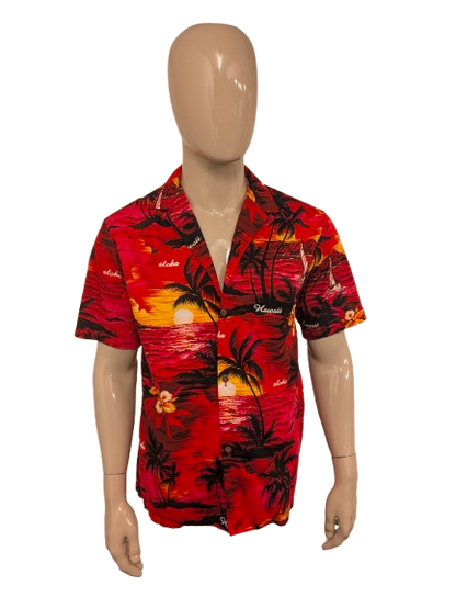 Royal Hawaii overhemd korte mouw. Rood Oranje Zwarte print. Maat L.