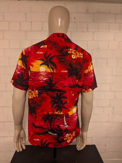 Royal Hawaii overhemd korte mouw. Rood Oranje Zwarte print. Maat L.