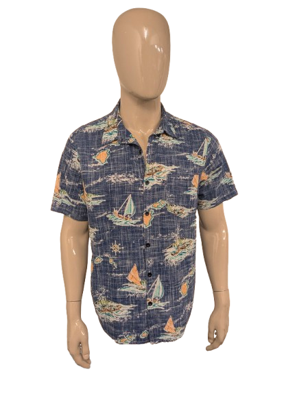 Vatpave Hawaii overhemd korte mouw. Blauw Bruin Groene print. Maat L.