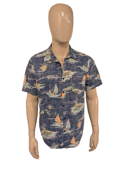 Vatpave Hawaii overhemd korte mouw. Blauw Bruin Groene print. Maat L.