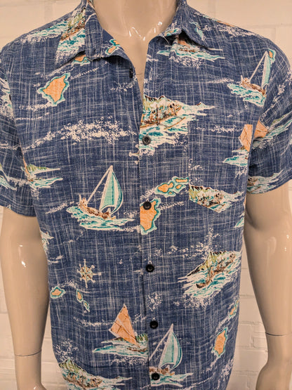 Vatpave Hawaii overhemd korte mouw. Blauw Bruin Groene print. Maat L.