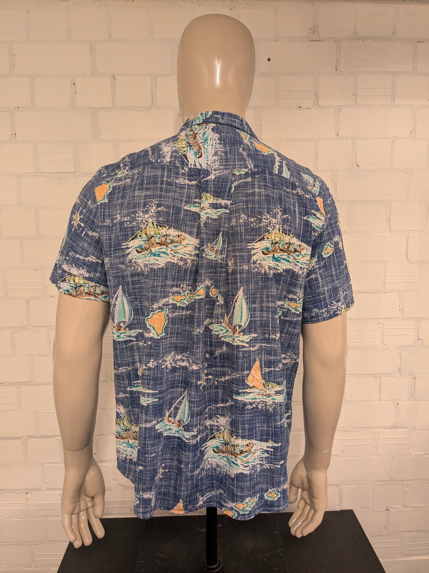 Vatpave Hawaii overhemd korte mouw. Blauw Bruin Groene print. Maat L.