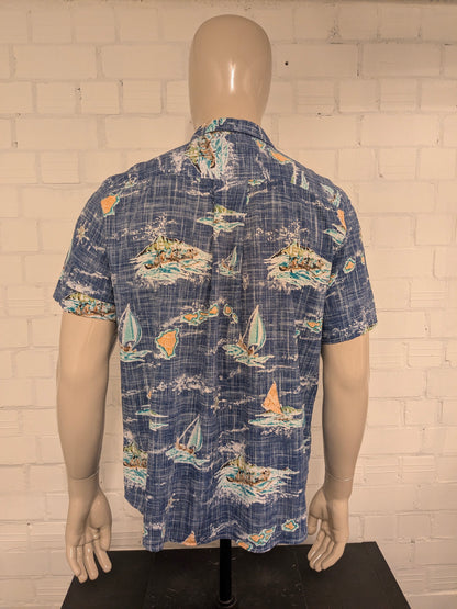 Vatpave Hawaii overhemd korte mouw. Blauw Bruin Groene print. Maat L.