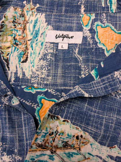 Vatpave Hawaii overhemd korte mouw. Blauw Bruin Groene print. Maat L.