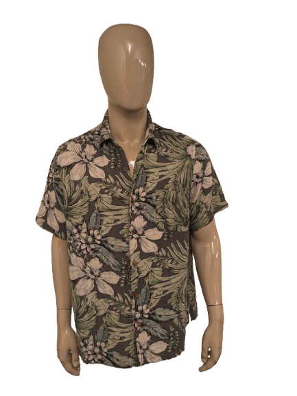 Vintage Vintage Silk Zijden Hawaii overhemd korte mouw. Groen Grijze print. Maat 2XL / XXL.