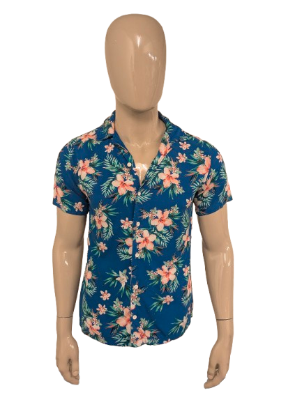 Original Use Hawaii overhemd korte mouw. Blauw Groen Roze print. Maat S.