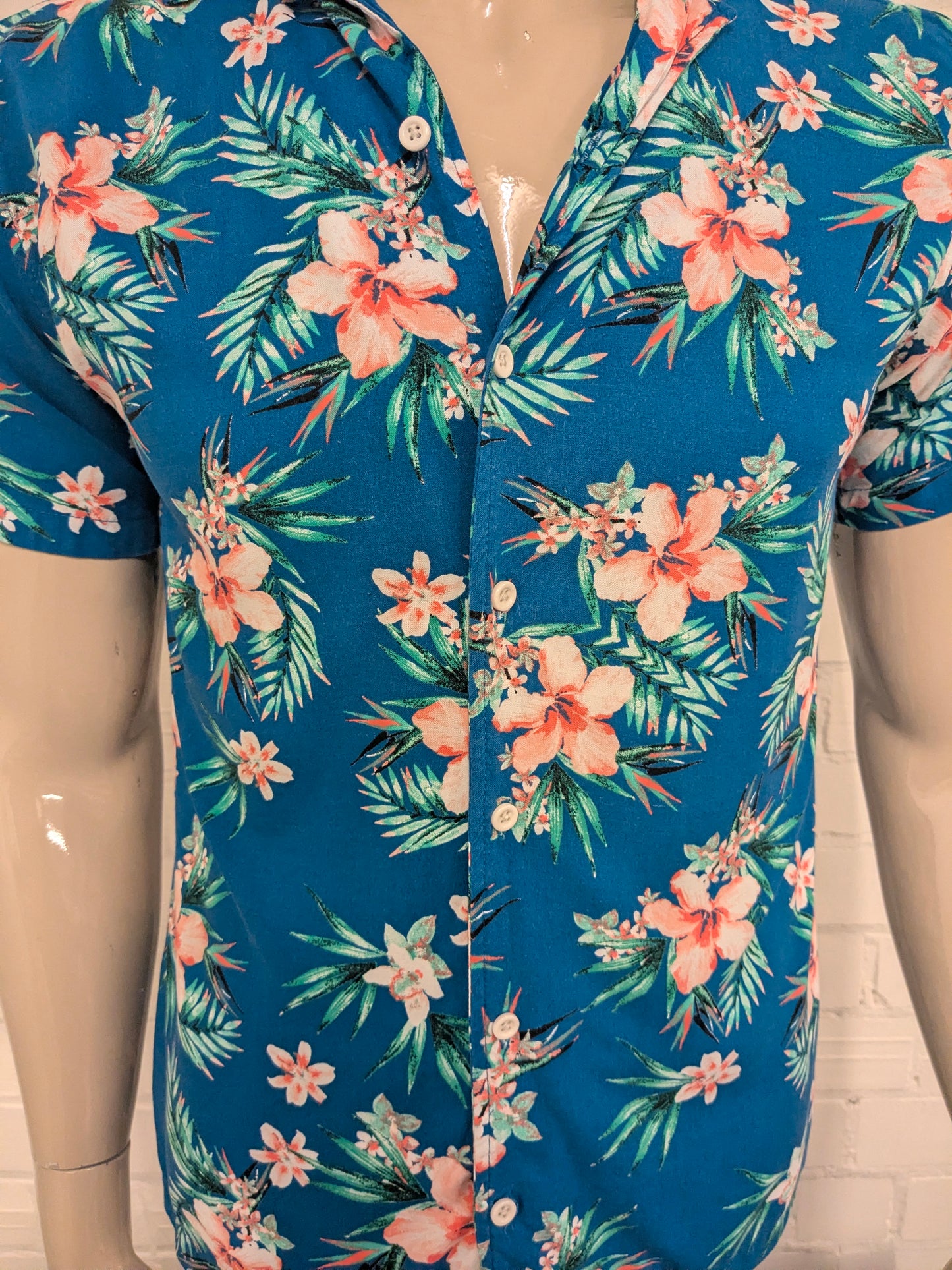 Original Use Hawaii overhemd korte mouw. Blauw Groen Roze print. Maat S.