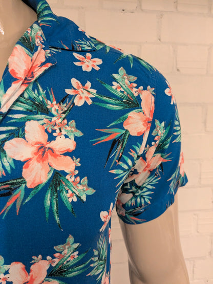 Original Use Hawaii overhemd korte mouw. Blauw Groen Roze print. Maat S.