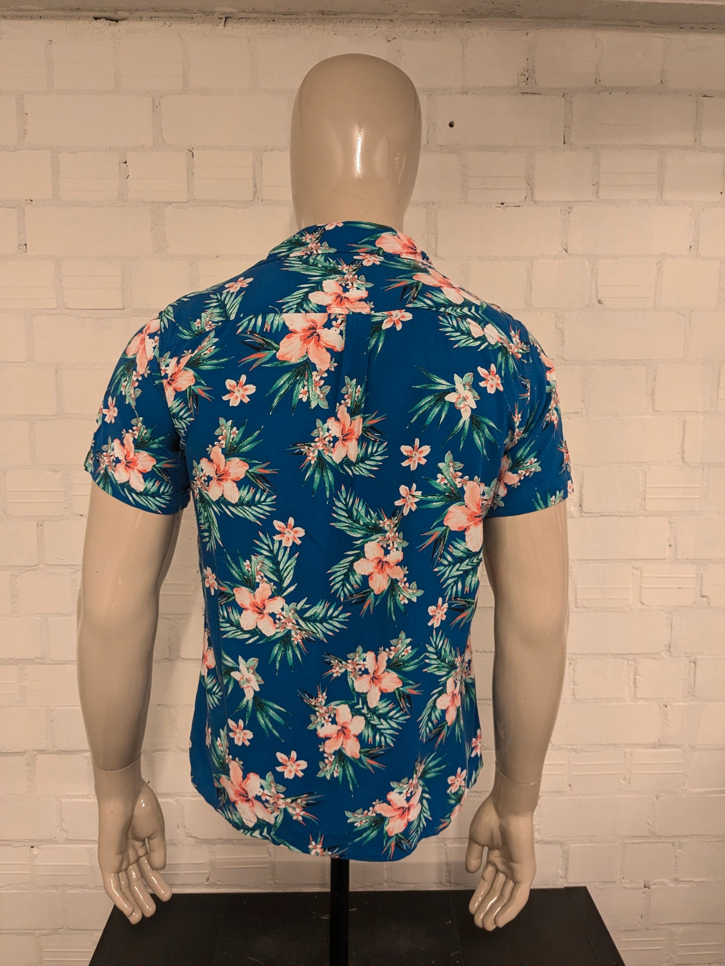 Original Use Hawaii overhemd korte mouw. Blauw Groen Roze print. Maat S.