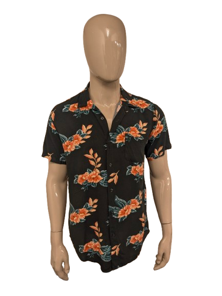 Molokai Surf Co Hawaii-overhemd korte mouw – zwart/geel/oranje/groen print – maat L