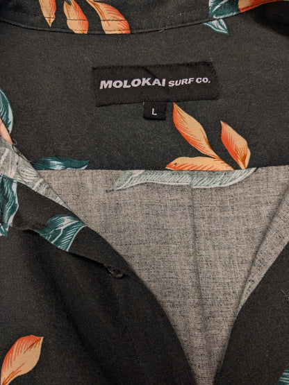 Molokai Surf co Hawaii overhemd korte mouw. Zwart Geel Oranje Groene print. Maat L.