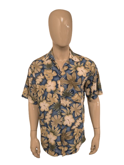 Vintage Campia Hawaii overhemd korte mouw. Blauw Groen Beige print. Maat L.