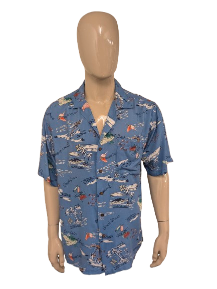 Vintage Royal Robbins Hawaii overhemd korte mouw. Blauw Gele print. Maat XL.