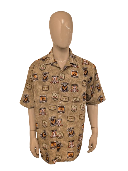 Vintage Avirex overhemd korte mouw. Groen Bruin Gele print. Maat 2XL / XXL.