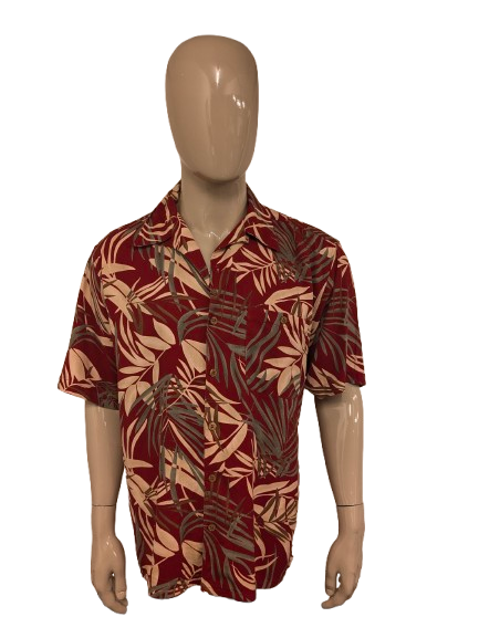 Vintage WfF Hawaii overhemd korte mouw. Rood Groen Bruin Beige bladeren print. Maat XL.