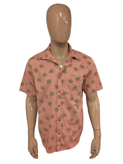 Old Navy Zijden Hawaii overhemd korte mouw. Roze Groene Palmbomen print. Maat L. regular fit.