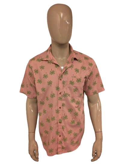Old Navy Zijden Hawaii overhemd korte mouw. Roze Groene Palmbomen print. Maat L. regular fit.