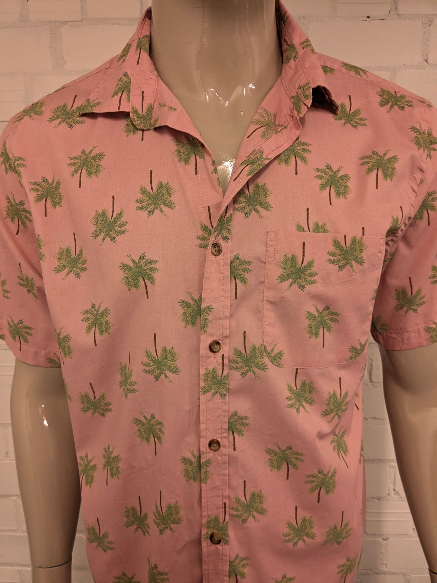 Old Navy Zijden Hawaii overhemd korte mouw. Roze Groene Palmbomen print. Maat L. regular fit.