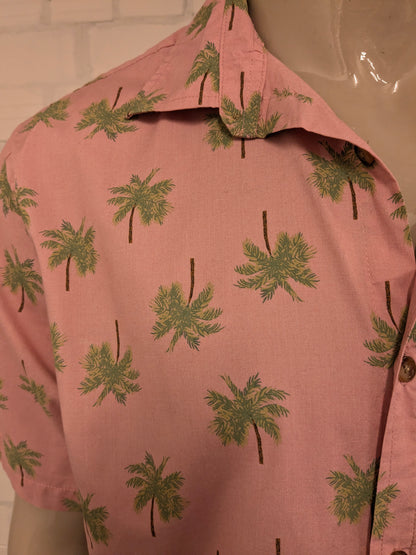 Old Navy Zijden Hawaii overhemd korte mouw. Roze Groene Palmbomen print. Maat L. regular fit.