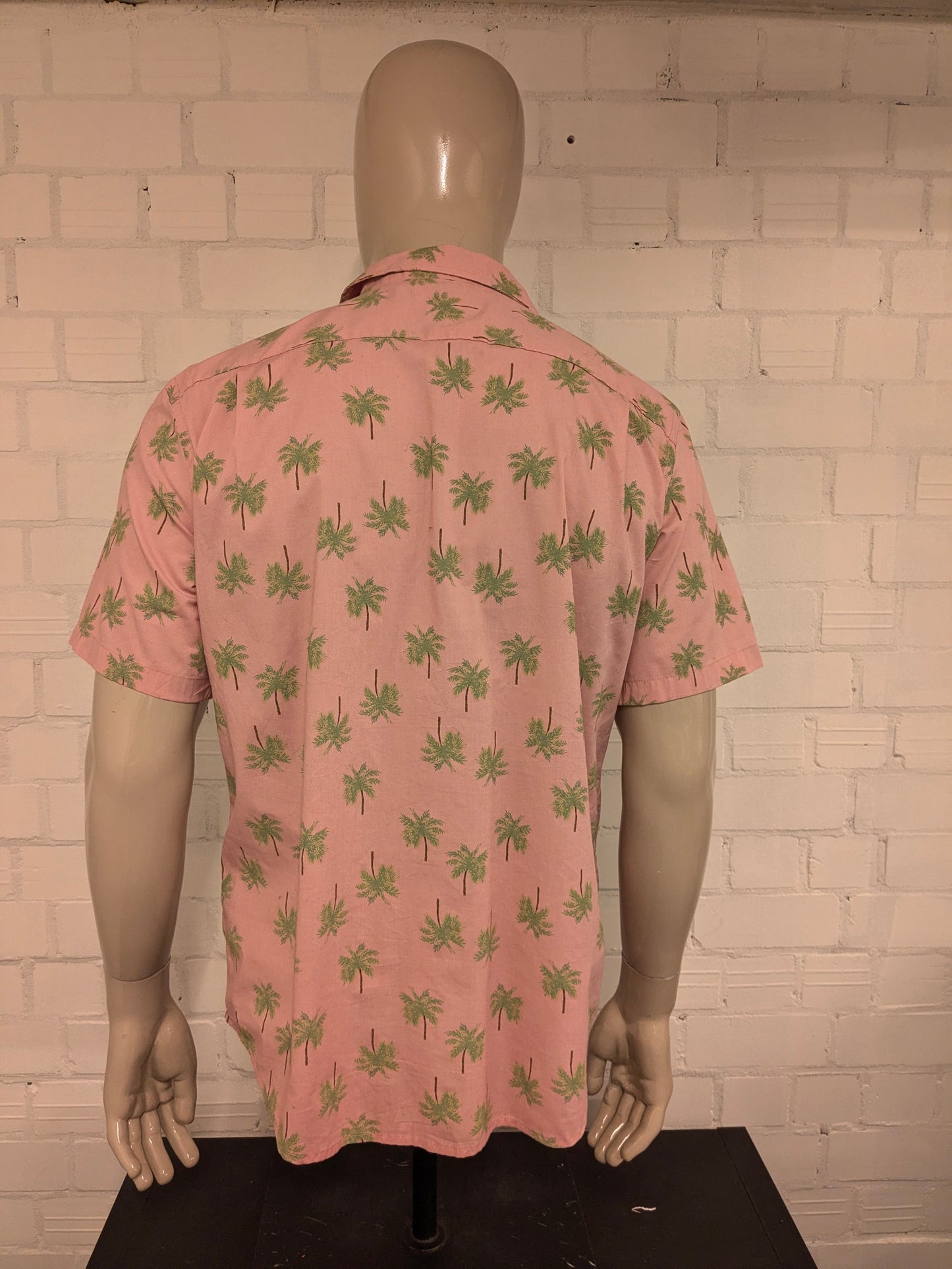 Old Navy Zijden Hawaii overhemd korte mouw. Roze Groene Palmbomen print. Maat L. regular fit.