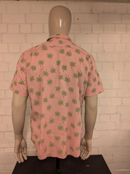 Old Navy Zijden Hawaii overhemd korte mouw. Roze Groene Palmbomen print. Maat L. regular fit.