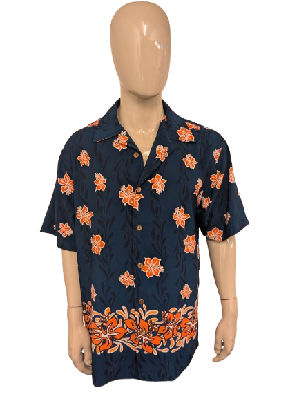 Bullhead Hawaii-overhemd korte mouw – blauw/oranje/wit print – maat XL