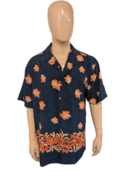 Bullhead Hawaii overhemd korte mouw. Blauw Oranje Witte print. Maat XL.