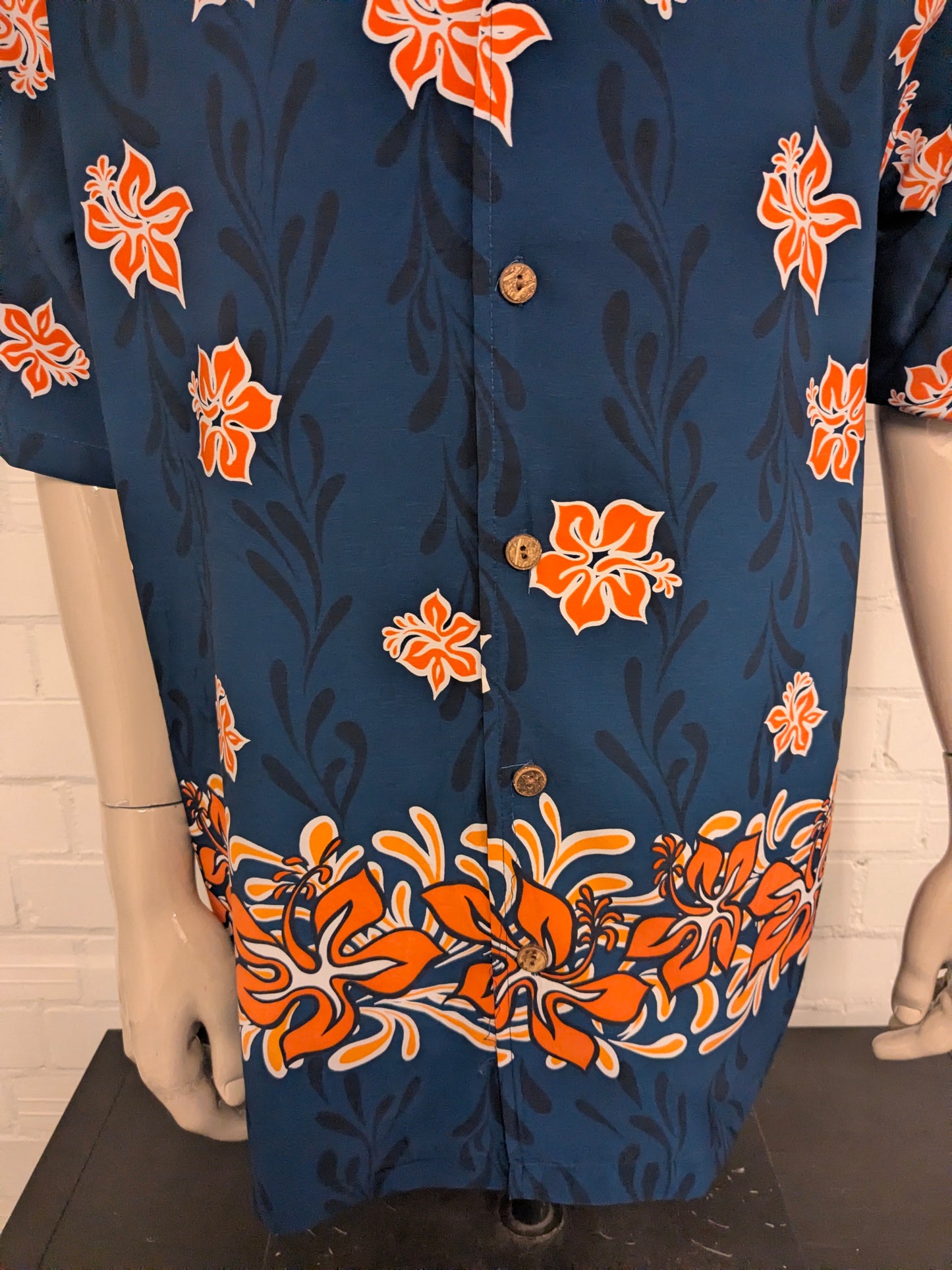 Bullhead Hawaii overhemd korte mouw. Blauw Oranje Witte print. Maat XL.