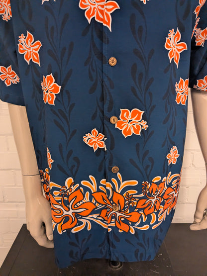 Bullhead Hawaii overhemd korte mouw. Blauw Oranje Witte print. Maat XL.