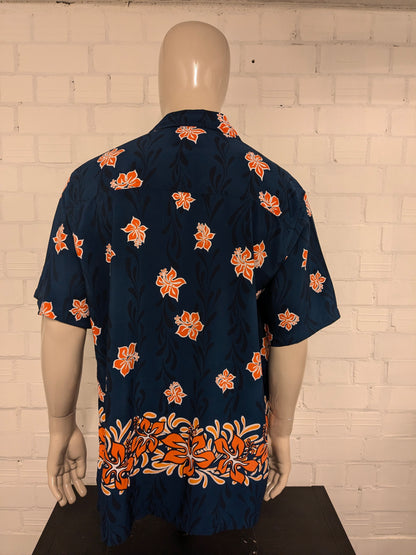 Bullhead Hawaii overhemd korte mouw. Blauw Oranje Witte print. Maat XL.