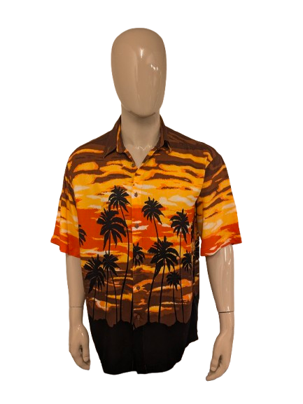 Vintage Puritan Hawaii overhemd korte mouw. Bruin Geel Oranje print. Maat XL.