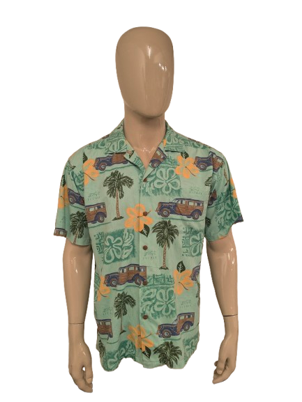 New Port Blue Hawaii overhemd korte mouw. Groen Geel Bruine auto print. Maat XL.