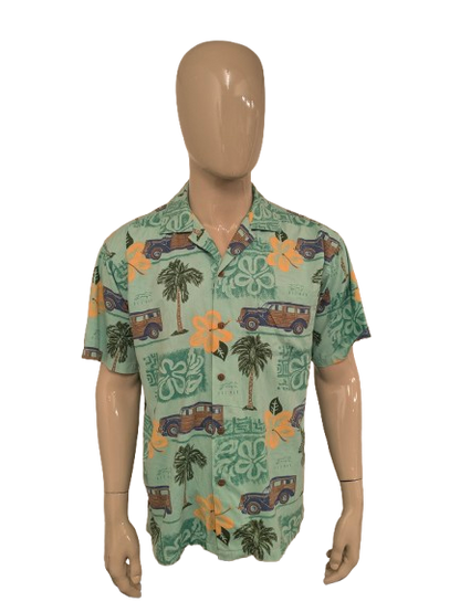 New Port Blue Hawaii overhemd korte mouw. Groen Geel Bruine auto print. Maat XL.
